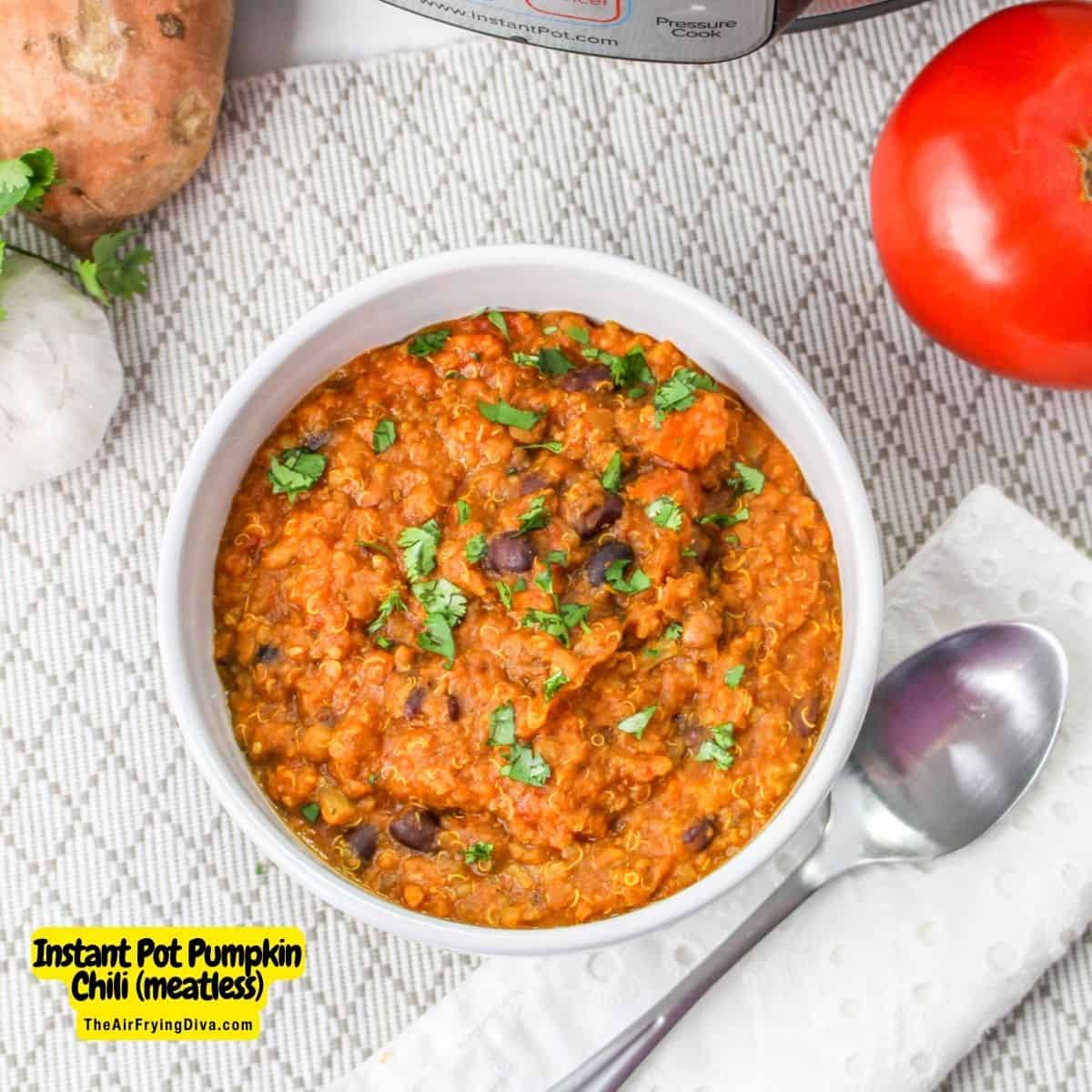 Meatless Instant Pot Pumpkin Chili a delicious vegan pressure cooker recipe made with pumpkin puree, vegetables, and seasonings. 