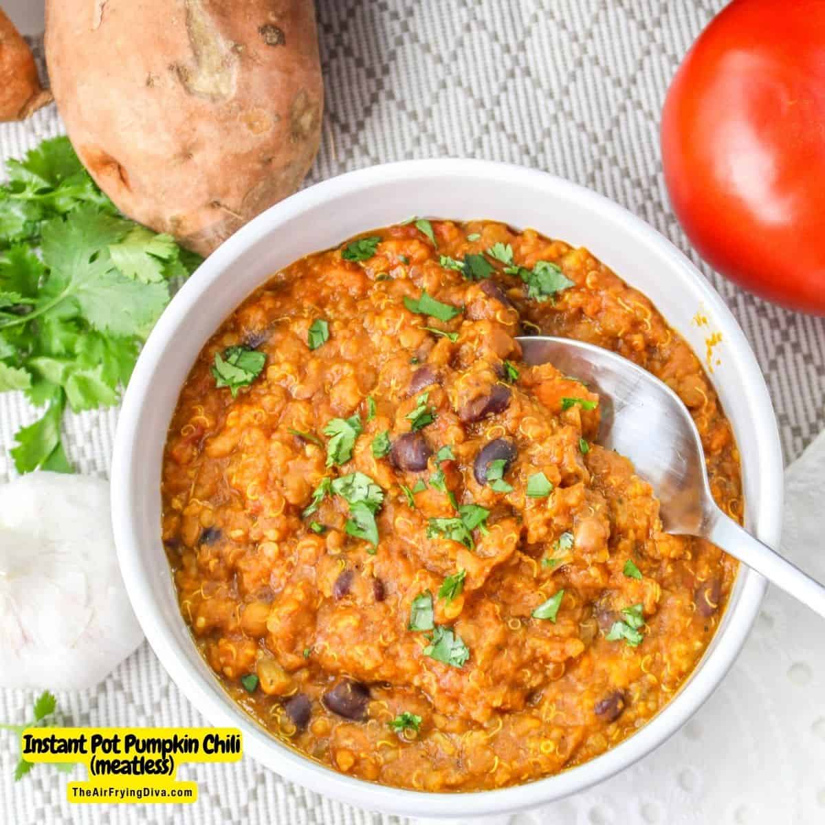 Meatless Instant Pot Pumpkin Chili a delicious vegan pressure cooker recipe made with pumpkin puree, vegetables, and seasonings. 