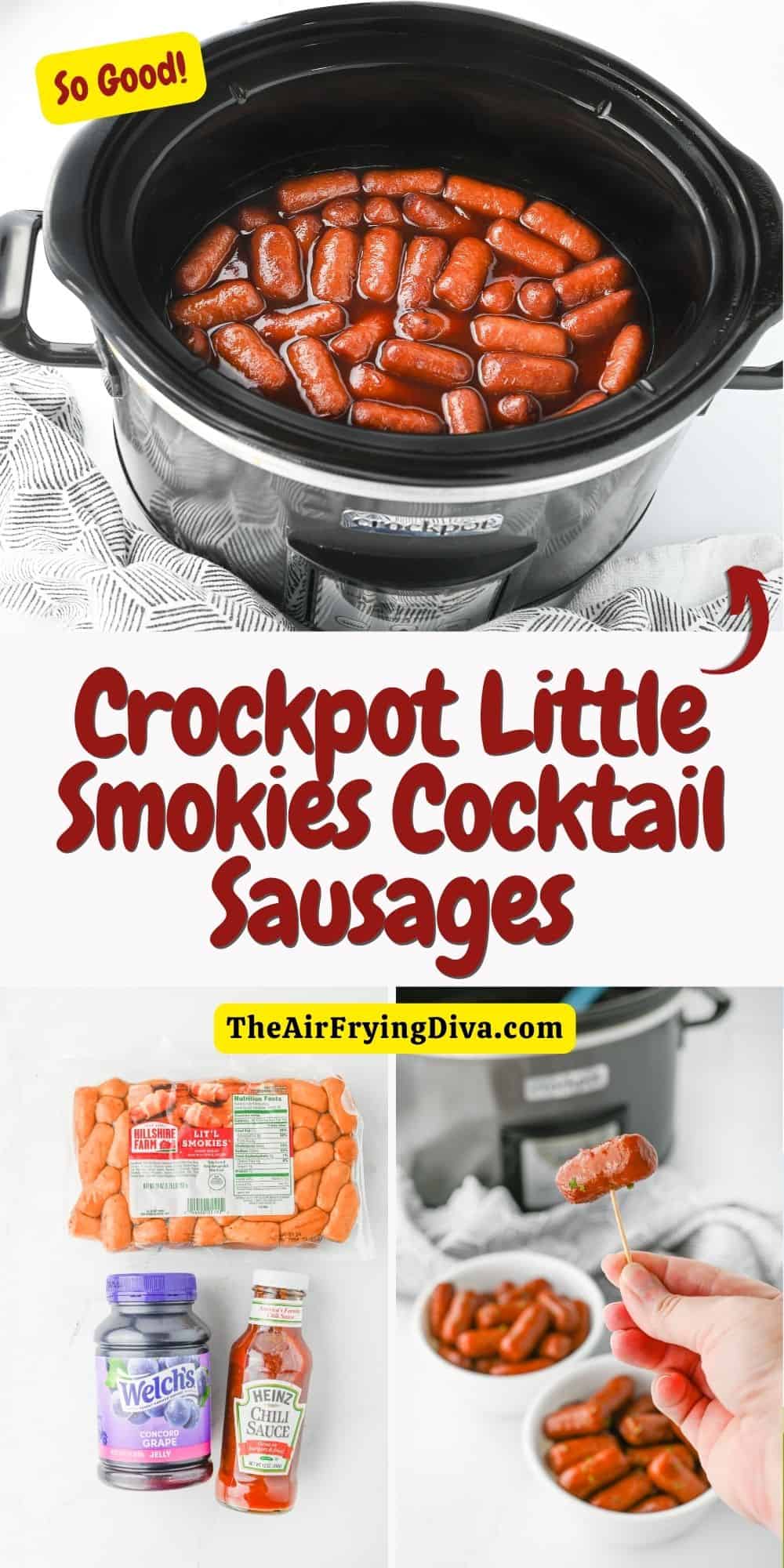 Crockpot Little Smokies Cocktail Sausages, a simple and delicious party appetizer made with just three ingredients in a slow cooker.