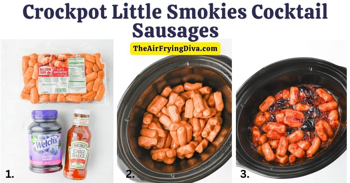 Crockpot Little Smokies Cocktail Sausages, a simple and delicious party appetizer made with just three ingredients in a slow cooker.