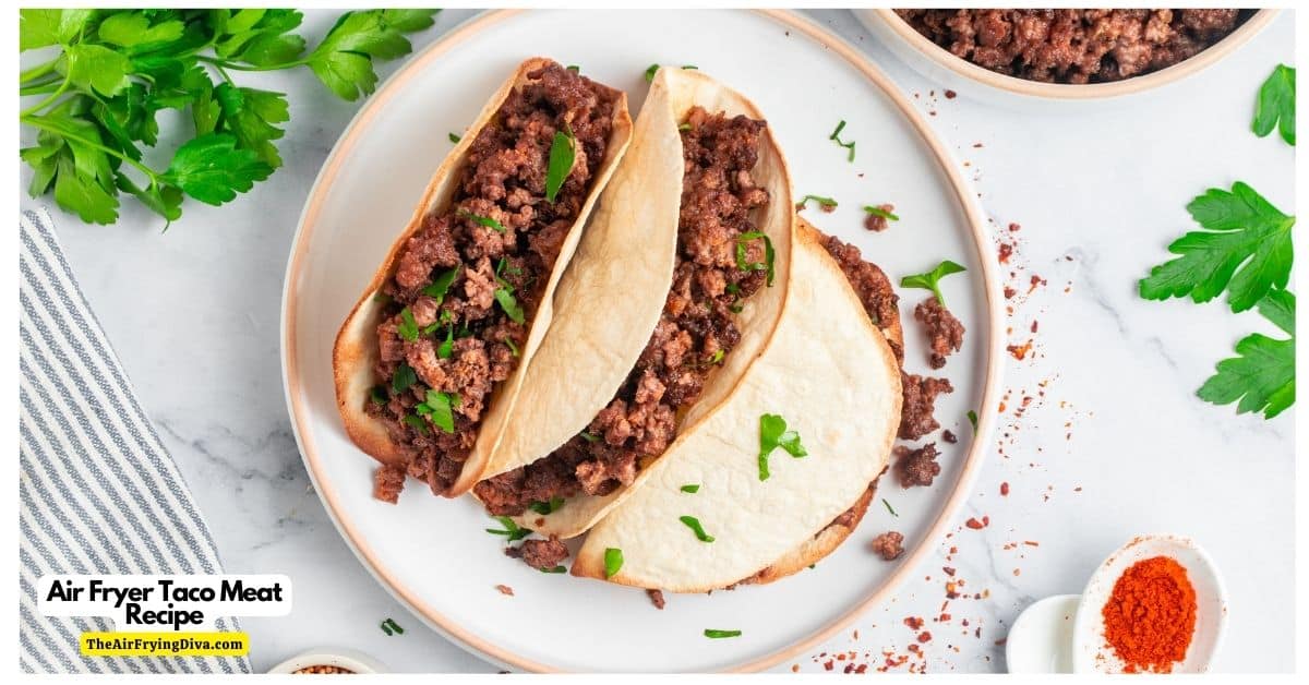 Air Fryer Taco Meat Recipe, a delicious savory and spicy air fried ground beef recipe made in less than 15 minutes