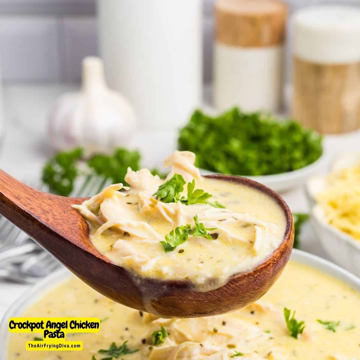 Crockpot Angel Chicken Pasta, a simple and delicious slow cooker recipe served in a creamy sauce with angel hair pasta.