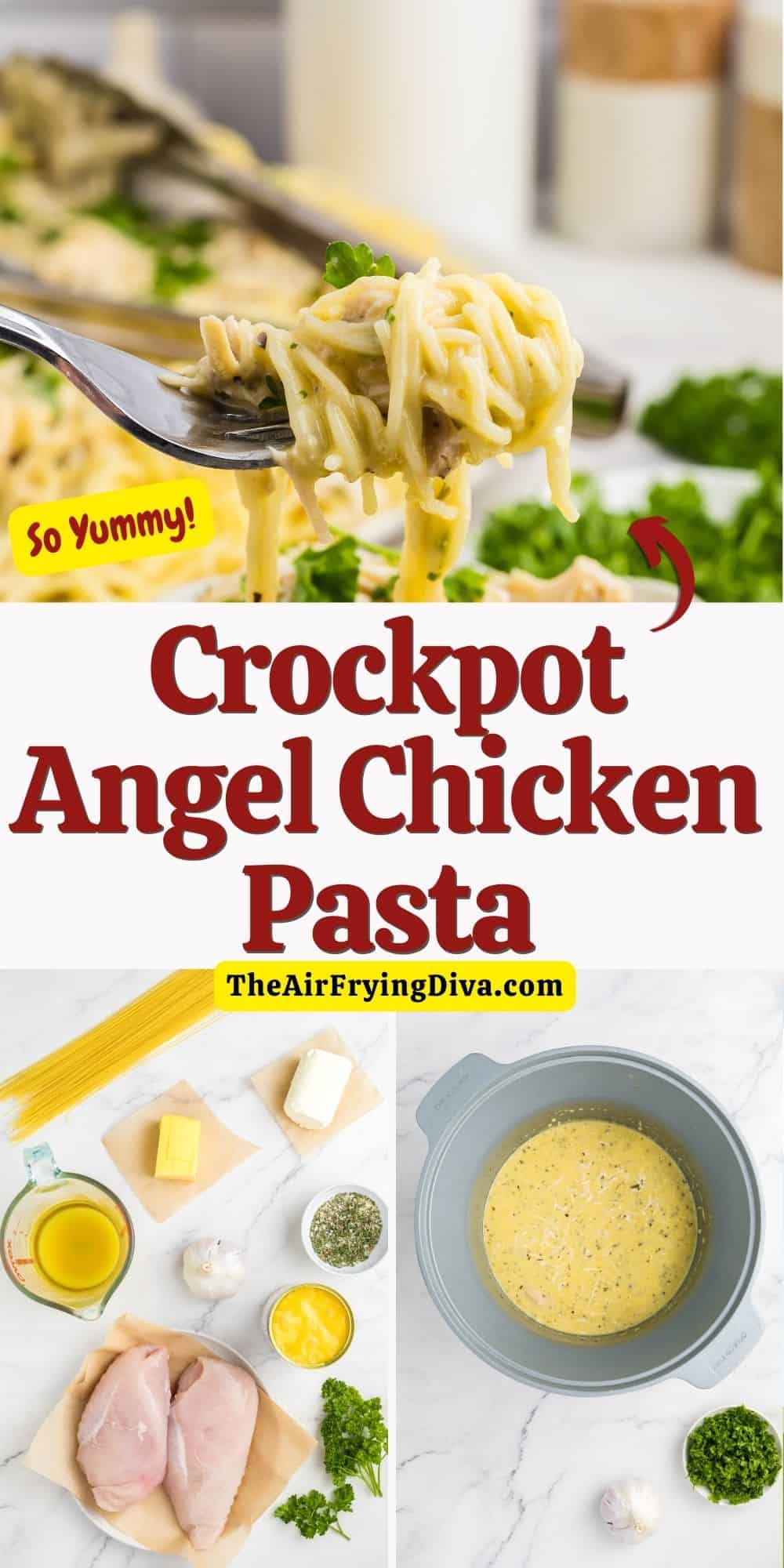 Crockpot Angel Chicken Pasta, a simple and delicious slow cooker recipe served in a creamy sauce with angel hair pasta.