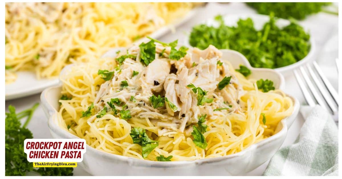 Crockpot Angel Chicken Pasta, a simple and delicious slow cooker recipe served in a creamy sauce with angel hair pasta.