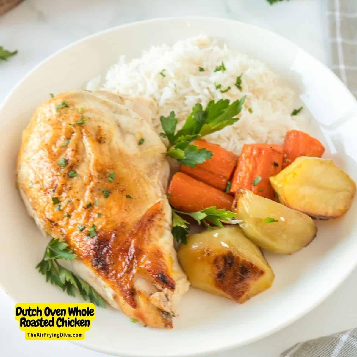  Dutch Oven Whole Roasted Chicken, a delicious meal recipe for  juicy chicken with flavorful vegetables, cooked to perfection in a Dutch oven.