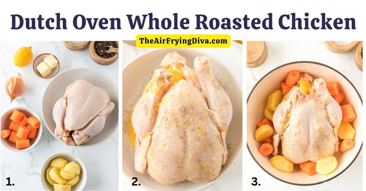  Dutch Oven Whole Roasted Chicken, a delicious meal recipe for  juicy chicken with flavorful vegetables, cooked to perfection in a Dutch oven.