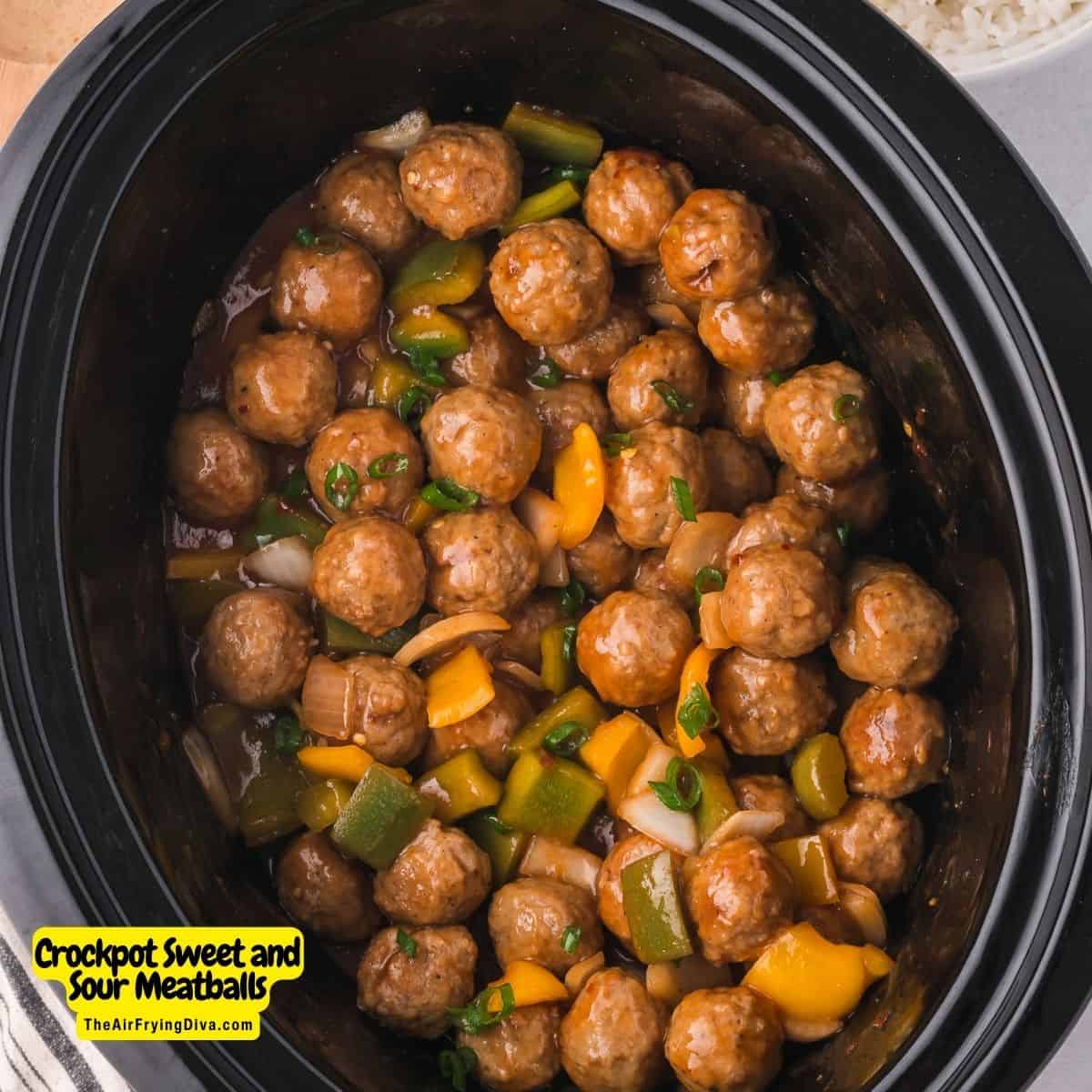 Crockpot Sweet and Sour Meatballs, a simple and delicious appetizer or meal recipe slow cooked in a savory, tangy, and sweet sauce.