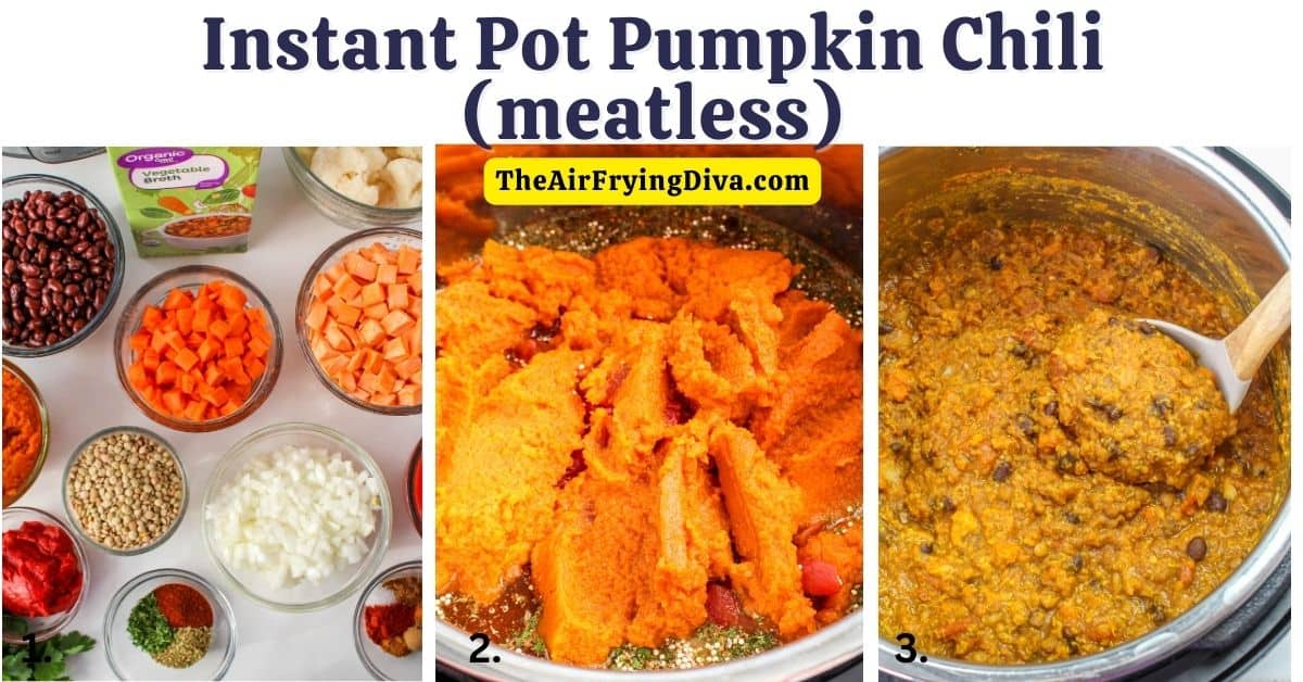 Meatless Instant Pot Pumpkin Chili a delicious vegan pressure cooker recipe made with pumpkin puree, vegetables, and seasonings.