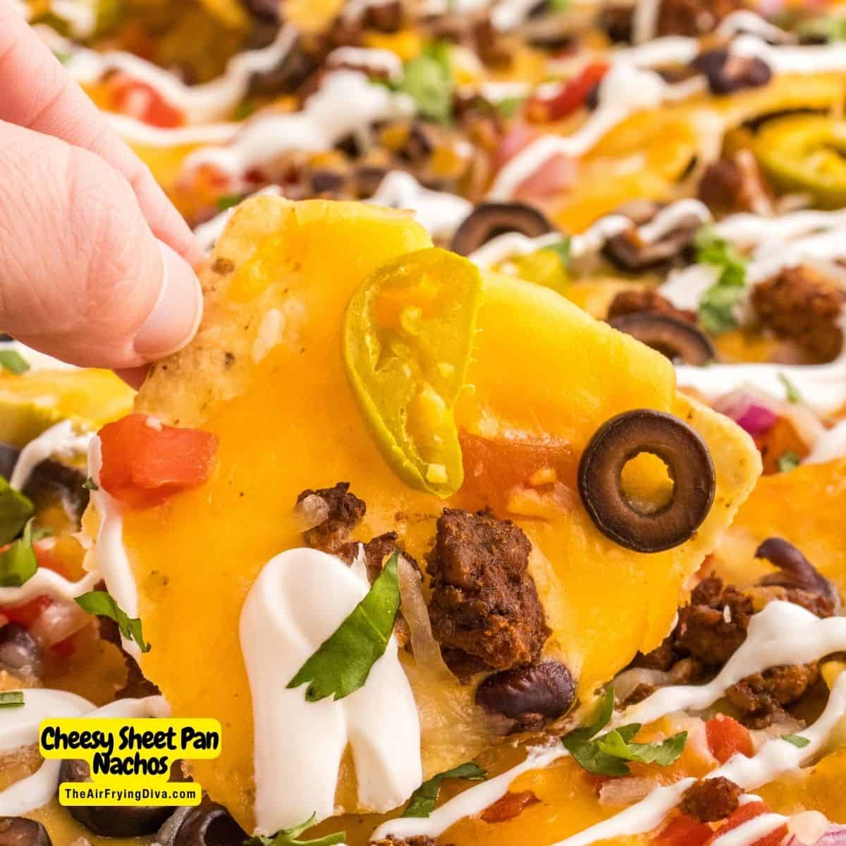 Cheesy Sheet Pan Nachos, a delicious recipe for loaded nachos baked on a sheet pan and topped with a creamy homemade cheese sauce.