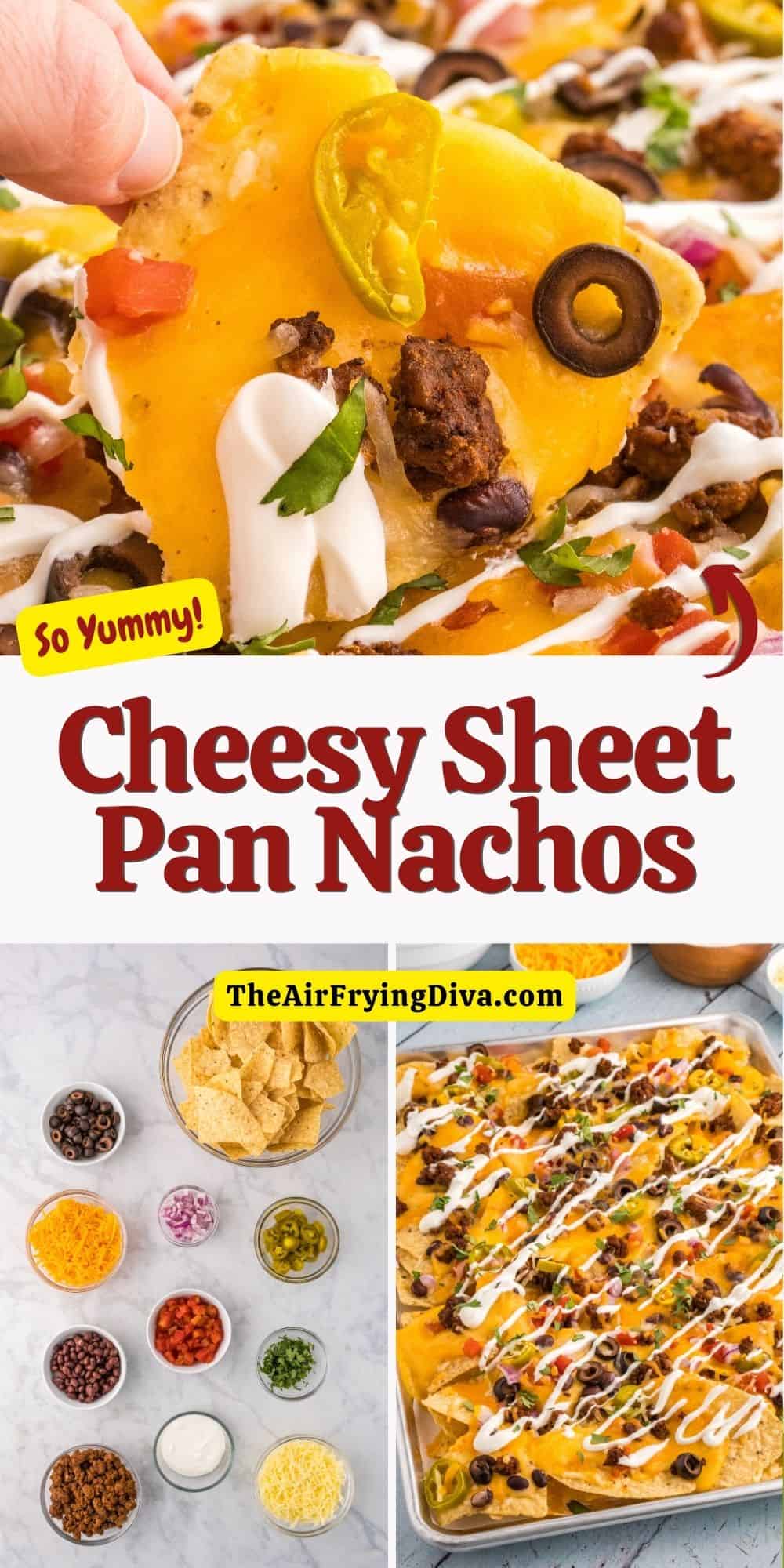 Cheesy Sheet Pan Nachos, a delicious recipe for loaded nachos baked on a sheet pan and topped with a creamy homemade cheese sauce.