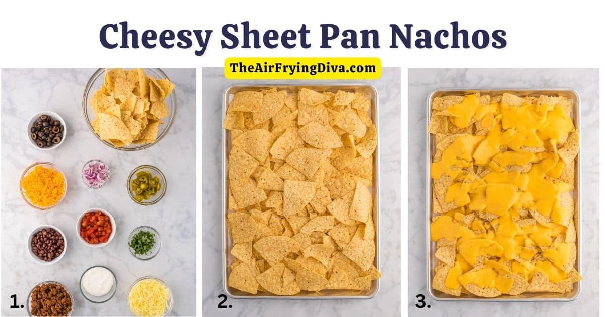 Cheesy Sheet Pan Nachos, a delicious recipe for loaded nachos baked on a sheet pan and topped with a creamy homemade cheese sauce.