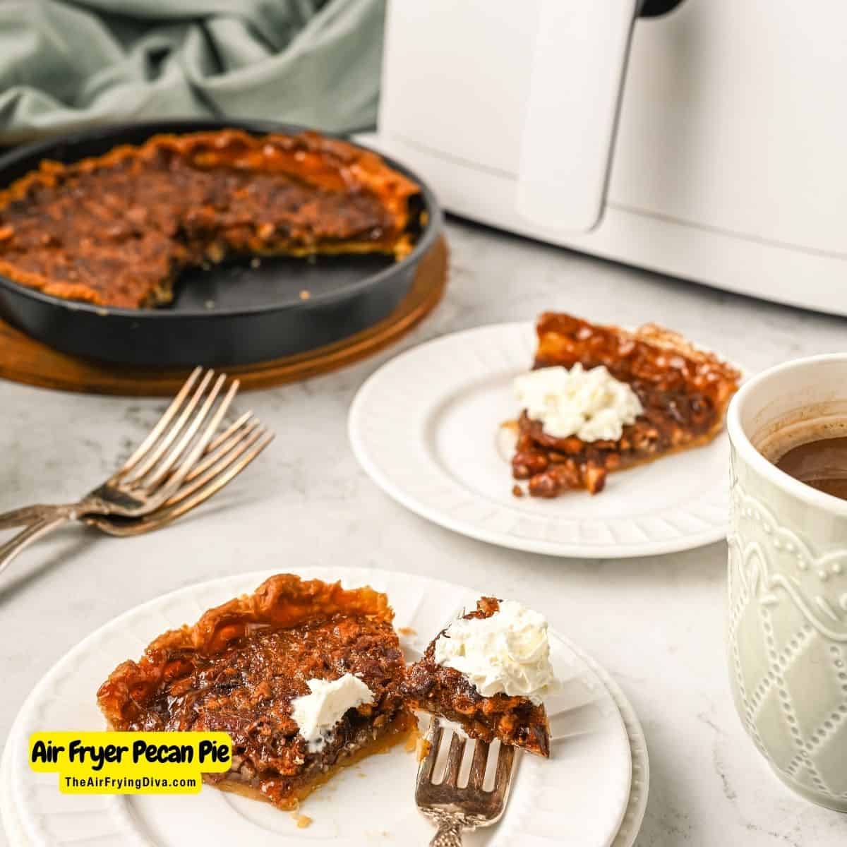 Air Fryer Pecan Pie Recipe, a simple, delicious, rich and decadent dessert recipe made with chopped pecans and air fried to perfection.