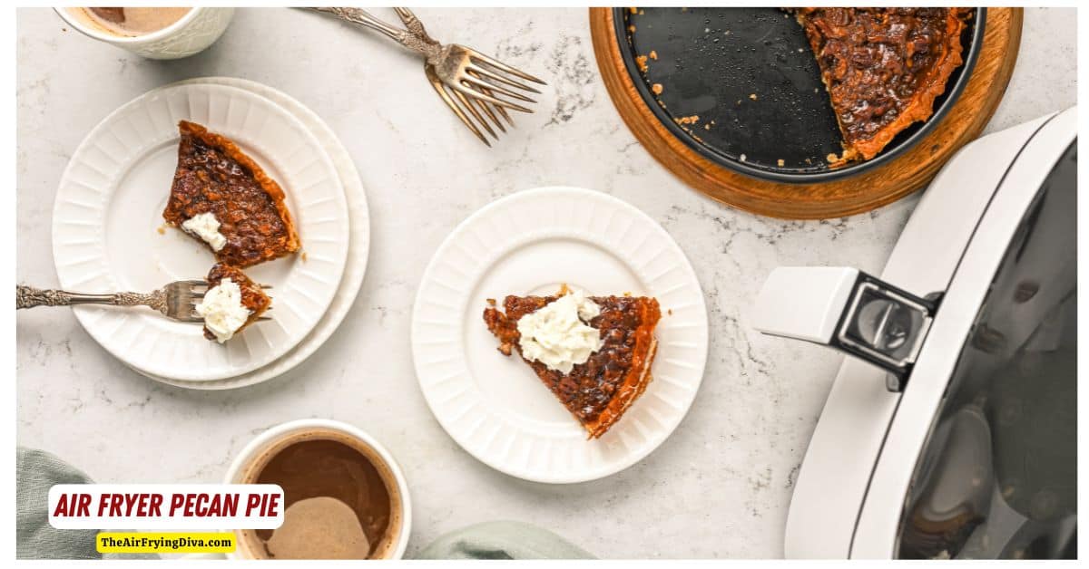 Air Fryer Pecan Pie Recipe, a simple, delicious, rich and decadent dessert recipe made with chopped pecans and air fried to perfection.