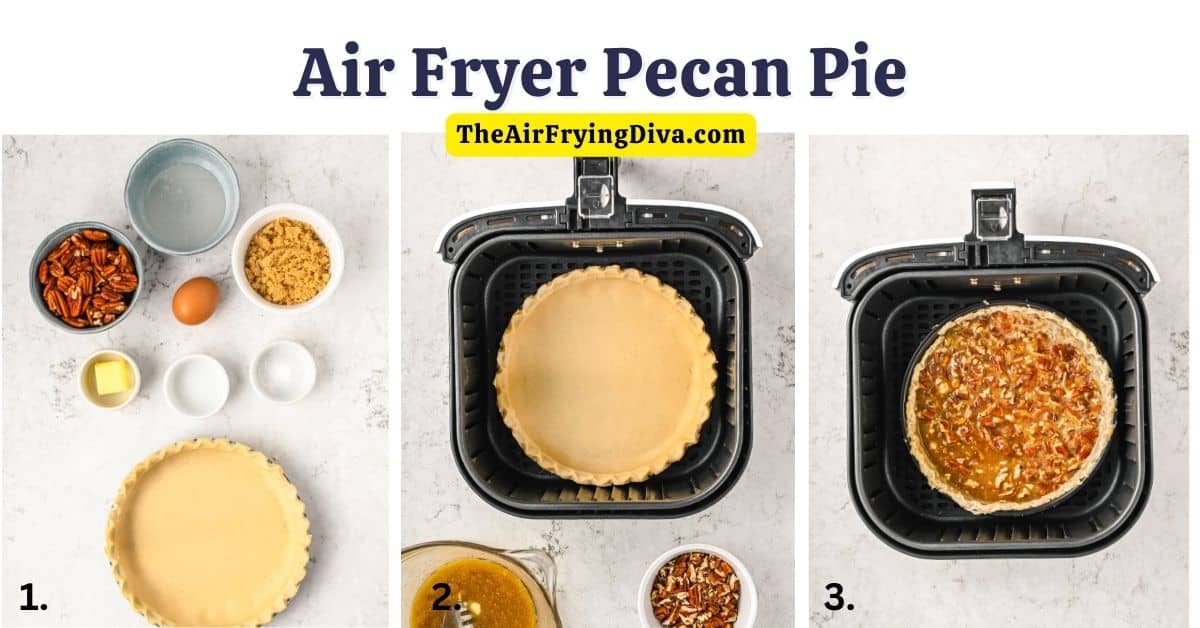 Air Fryer Pecan Pie Recipe, a simple, delicious, rich and decadent dessert recipe made with chopped pecans and air fried to perfection.