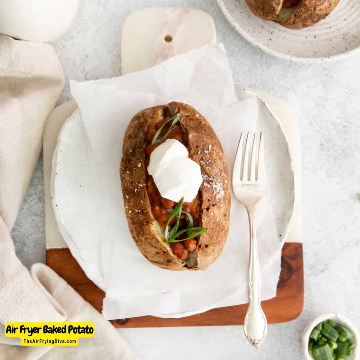 Air Fryer Baked Potato (loaded!), an easy recipe for a tender and delicious baked potato that can be loaded with toppings.