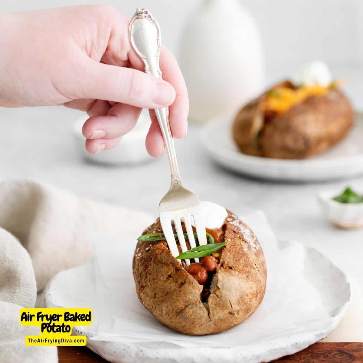 Air Fryer Baked Potato (loaded!), an easy recipe for a tender and delicious baked potato that can be loaded with toppings.