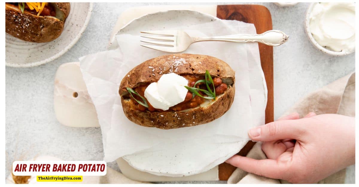 Air Fryer Baked Potato (loaded!), an easy recipe for a tender and delicious baked potato that can be loaded with toppings.