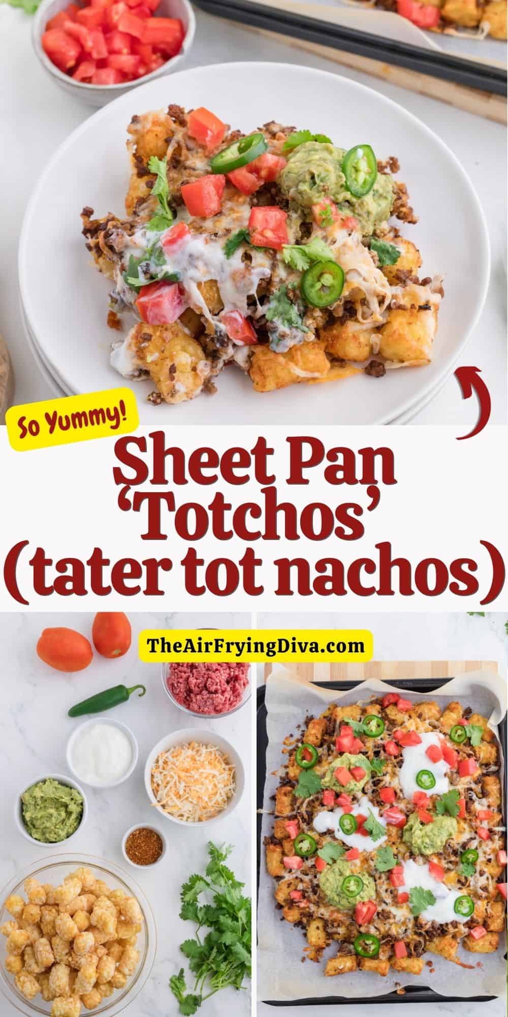 Sheet Pan ‘Totchos’ (tater tot nachos), a quick and easy appetizer or party recipe made with tater tots, and nacho toppings.