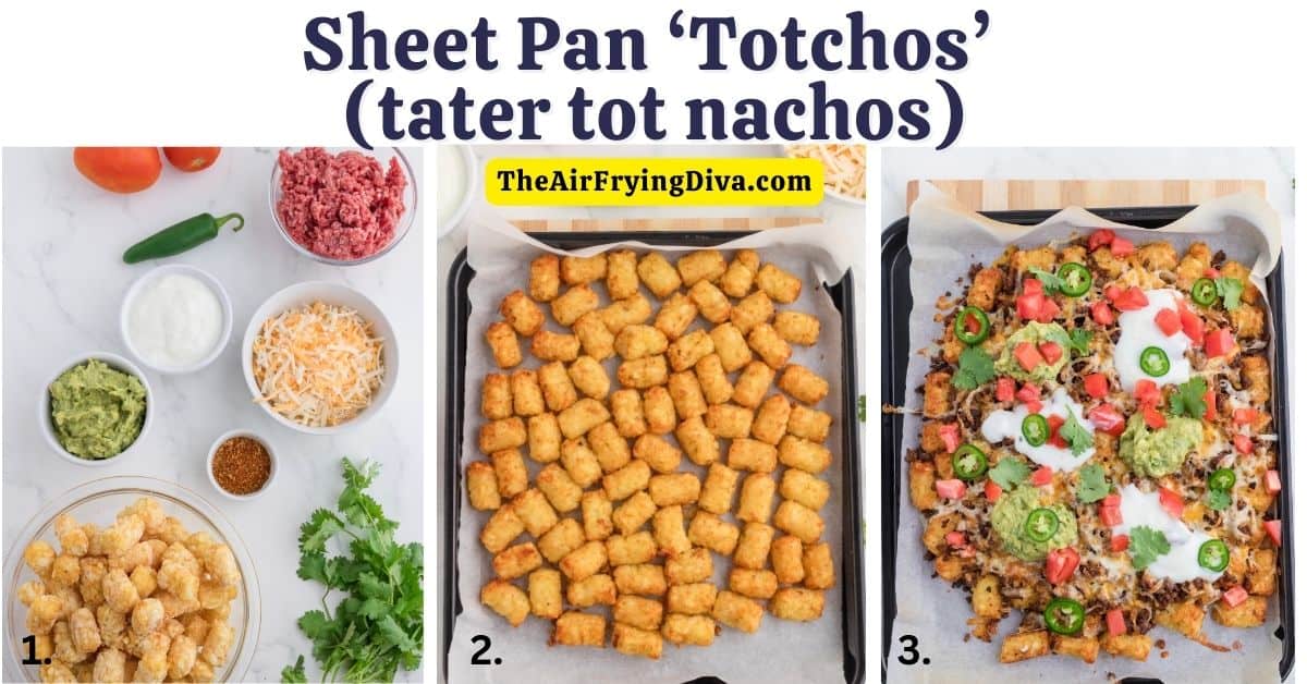 Sheet Pan ‘Totchos’ (tater tot nachos), a quick and easy appetizer or party recipe made with tater tots, and nacho toppings.