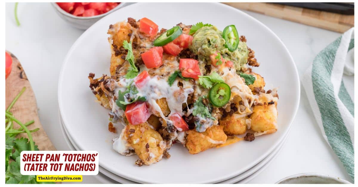 Sheet Pan ‘Totchos’ (tater tot nachos), a quick and easy appetizer or party recipe made with tater tots, and nacho toppings.