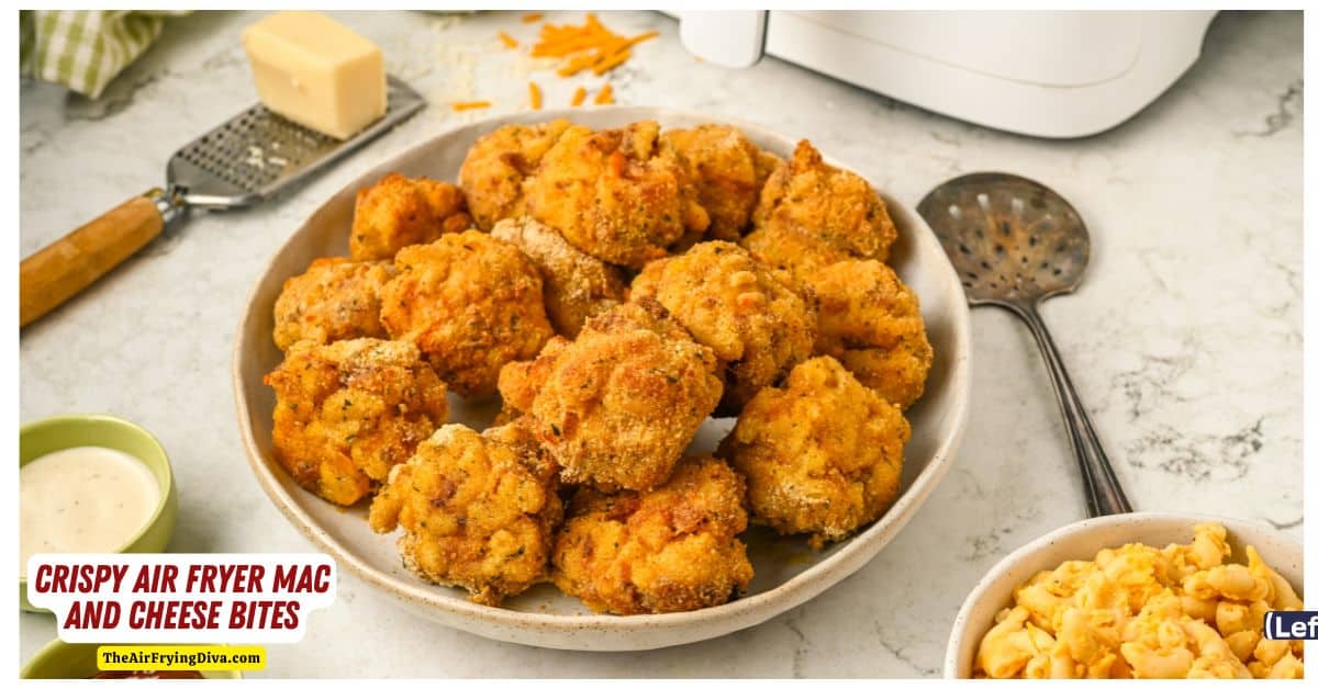 Air Fryer Mac and Cheese Bites, an easy appetizer or snack recipe made with breaded macaroni and cheese air fried until crisp.