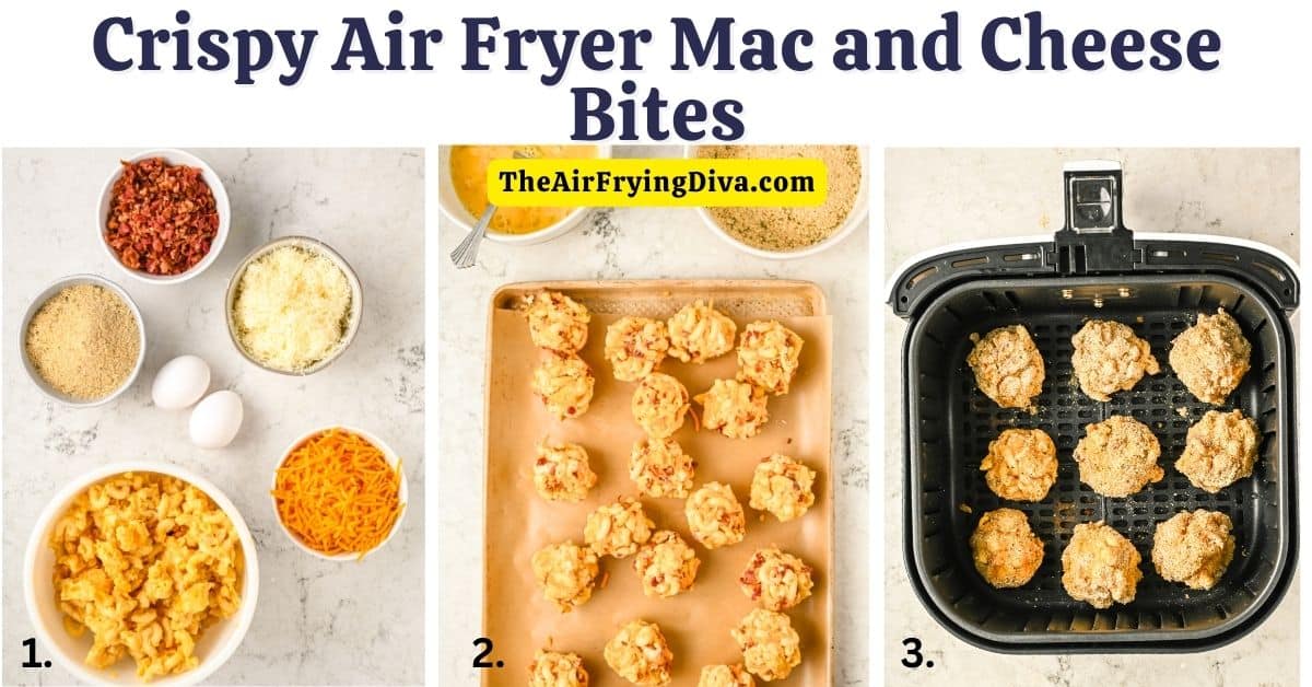 Air Fryer Mac and Cheese Bites, an easy appetizer or snack recipe made with breaded macaroni and cheese air fried until crisp.