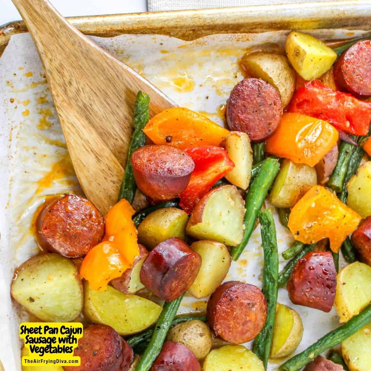 Sheet Pan Cajun Sausage with Vegetables, a 30 minute hearty and flavorful dinner recipe   featuring spicy flavors and a variety of vegetables.