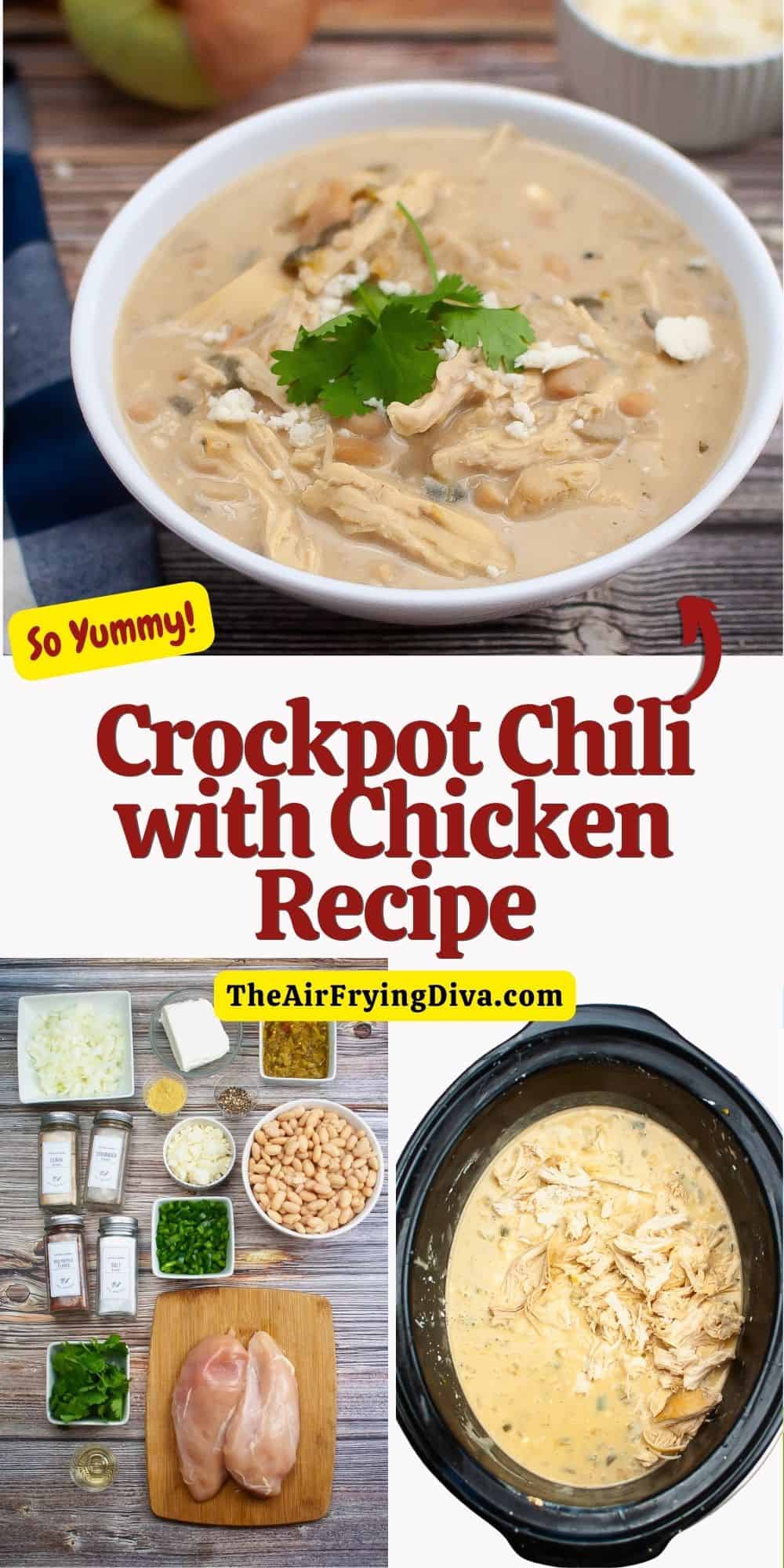 Crockpot Chili with Chicken Recipe, an easy slow cooker recipe for hearty and comforting chili made with white beans and chicken breast.