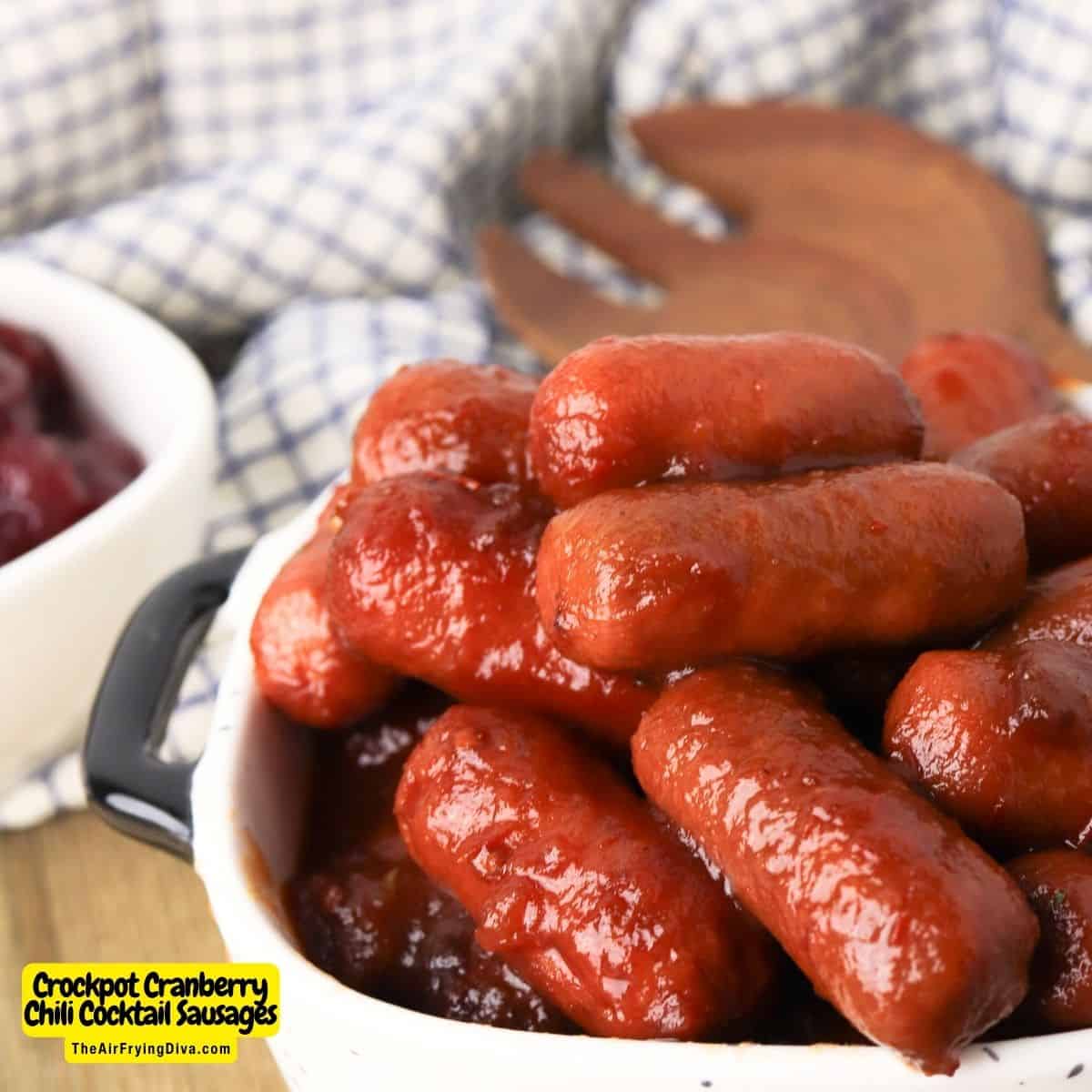 Crockpot Cranberry Chili Cocktail Sausages, a simple and delicious three ingredient appetizer recipe slow cooked to perfection.