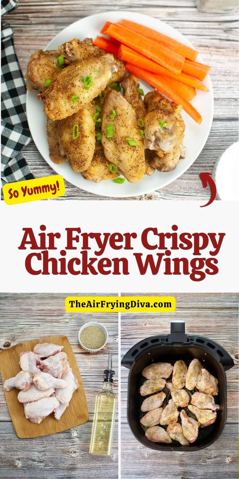 Air Fryer Crispy Chicken Wings, a simple three ingredient recipe for moist and juicy chicken cooked to perfection