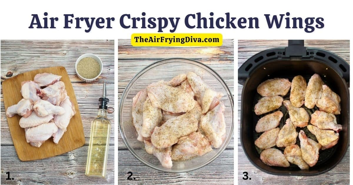 Air Fryer Crispy Chicken Wings, a simple three ingredient recipe for moist and juicy chicken cooked to perfection