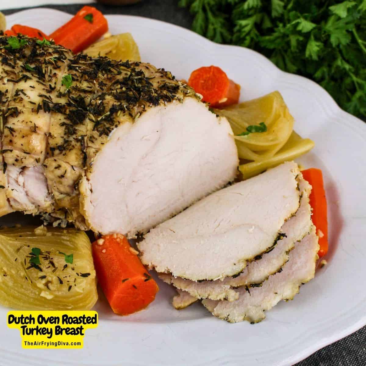 Dutch Oven Roasted Turkey Breast, an easy and delicious recipe for tender, juicy turkey breast perfectly roasted in a Dutch Oven.