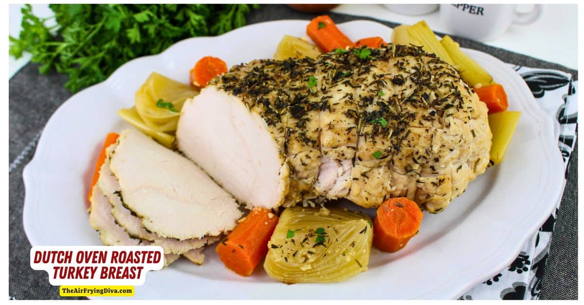 Dutch Oven Roasted Turkey Breast, an easy and delicious recipe for tender, juicy turkey breast perfectly roasted in a Dutch Oven.