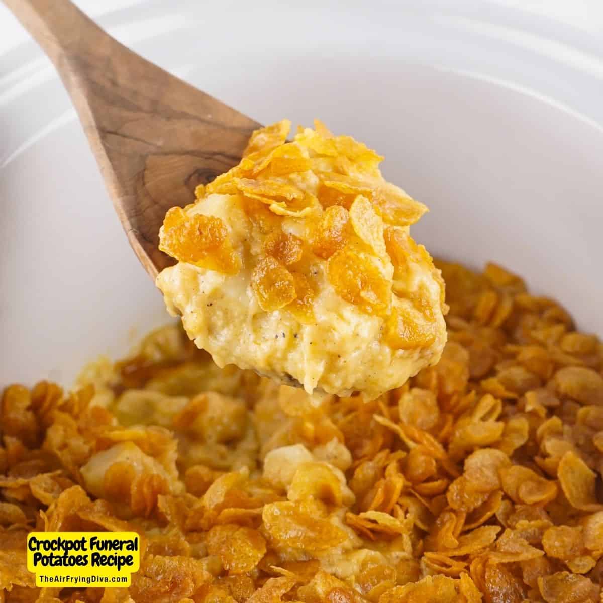 Crockpot Funeral Potatoes Recipe, deliciously slow cooked creamy hash brown potatoes with cheese served topped with crispy corn flakes.