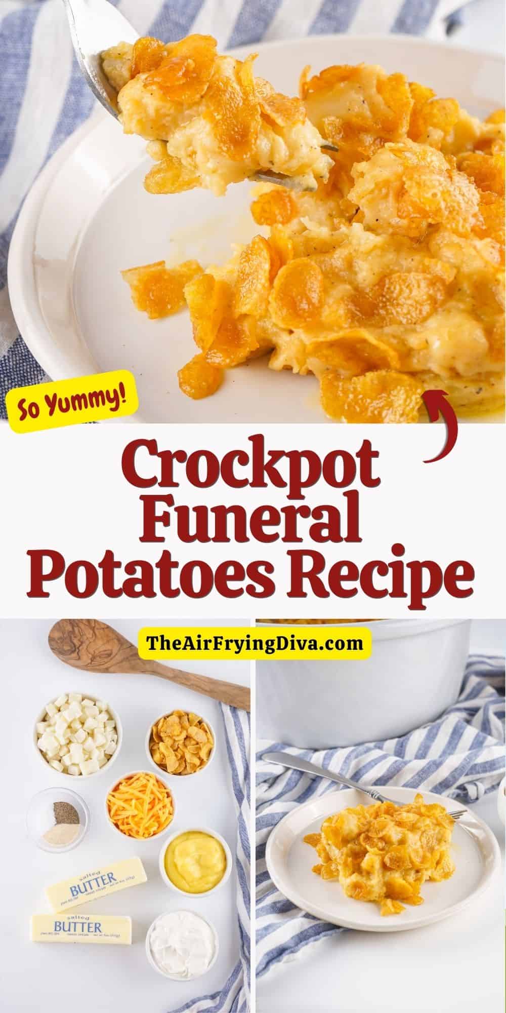 Crockpot Funeral Potatoes Recipe, deliciously slow cooked creamy hash brown potatoes with cheese served topped with crispy corn flakes.