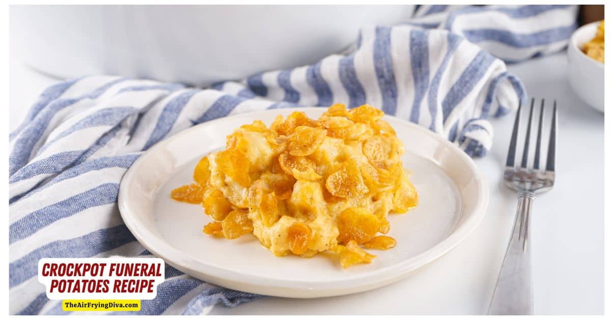 Crockpot Funeral Potatoes Recipe, deliciously slow cooked creamy hash brown potatoes with cheese served topped with crispy corn flakes.