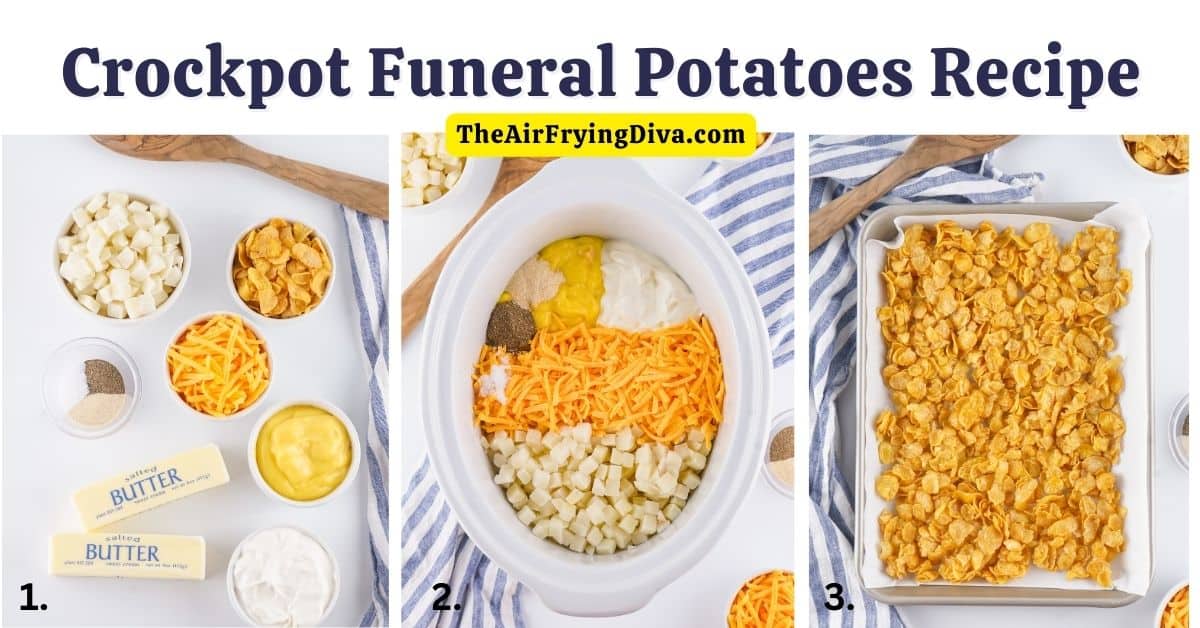 Crockpot Funeral Potatoes Recipe, deliciously slow cooked creamy hash brown potatoes with cheese served topped with crispy corn flakes.