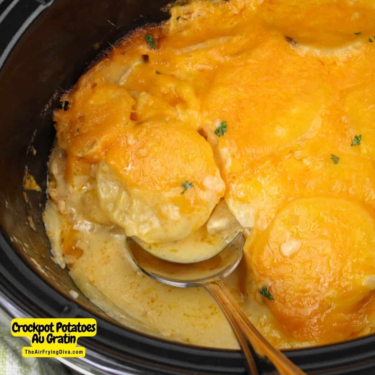 Crockpot Potatoes Au Gratin, an easy and delicious slow cooker recipe made with thinly sliced russet potatoes in a creamy sauce.