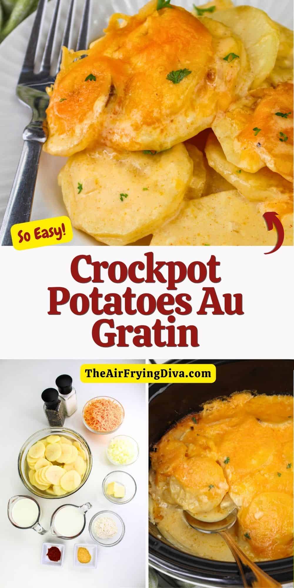 Crockpot Potatoes Au Gratin, an easy and delicious slow cooker recipe made with thinly sliced russet potatoes in a creamy sauce.