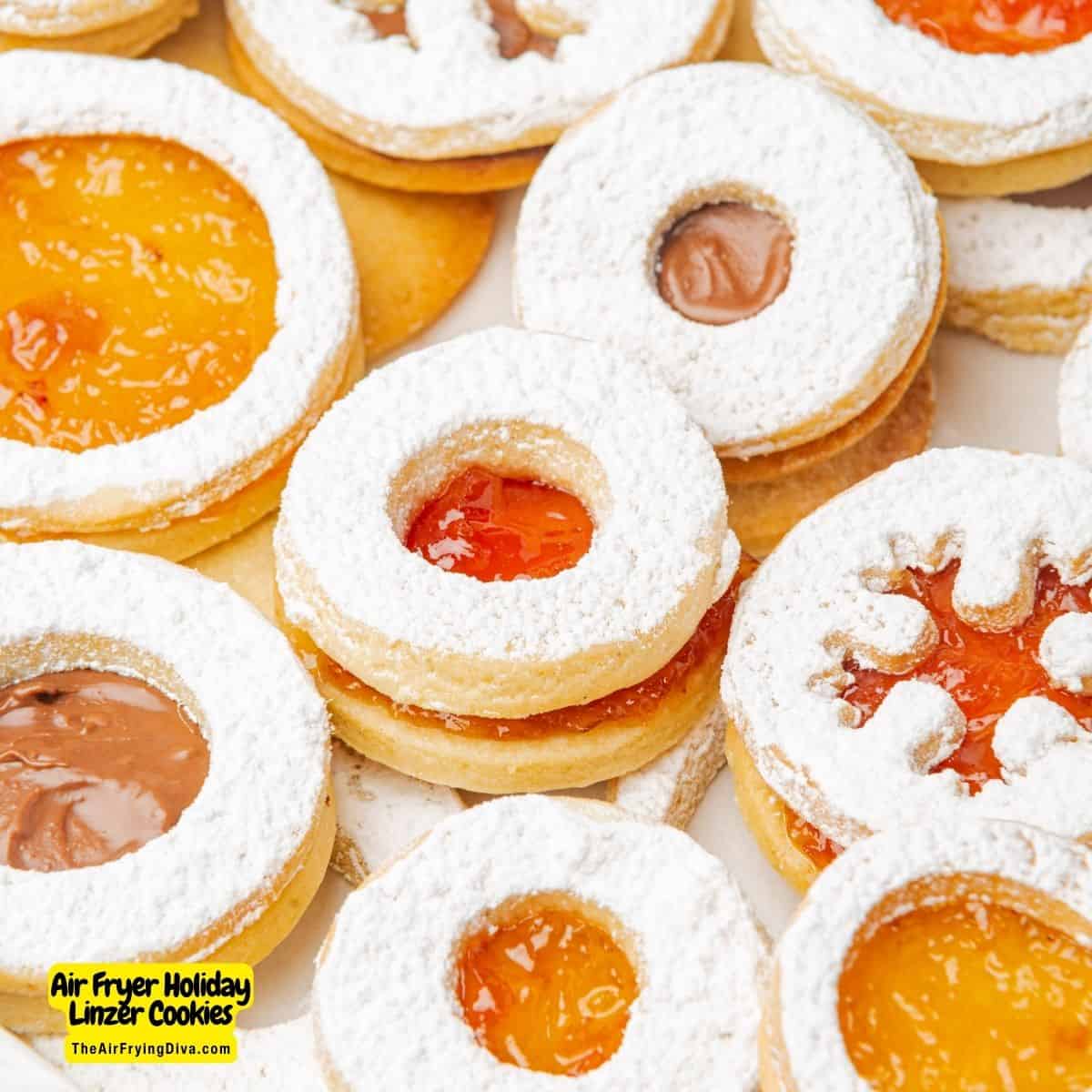 Air Fryer Holiday Linzer Cookies, a delicious Christmas cookie sandwich made with air fried almond cookies  with a jam center.