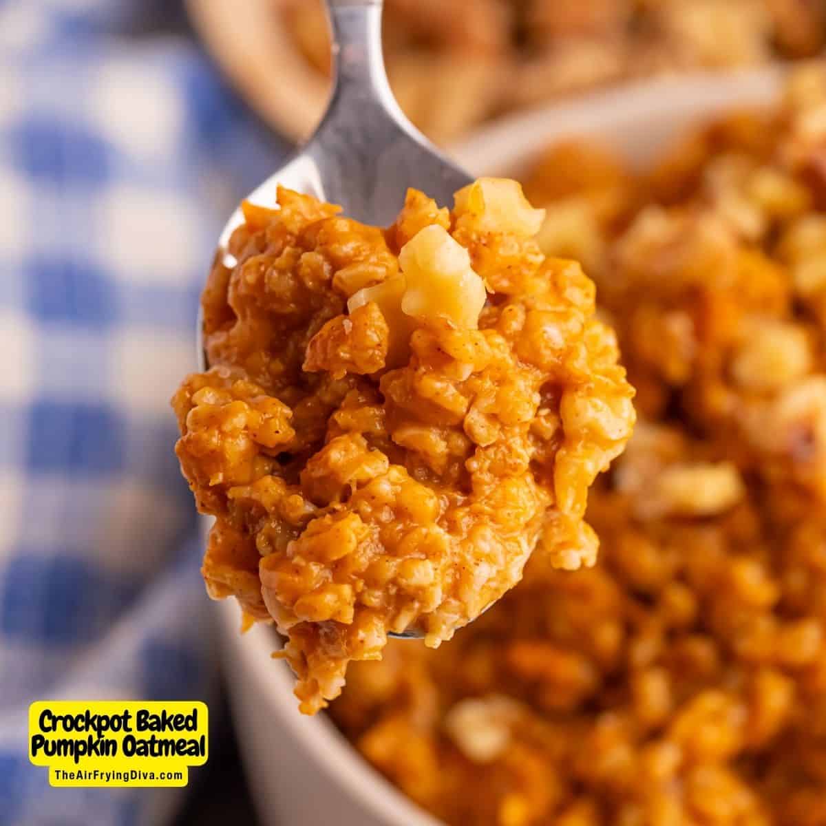 Crockpot Baked Pumpkin Oatmeal, an easy and delicious fall inspired recipe slow cooked with steel cut oats and pumpkin pie spice.