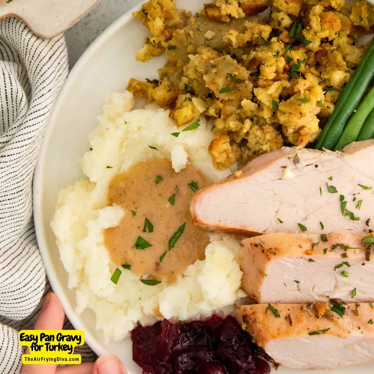 Easy Pan Gravy for Turkey, a simple recipe for creamy gravy made with chicken stock and turkey pan drippings.