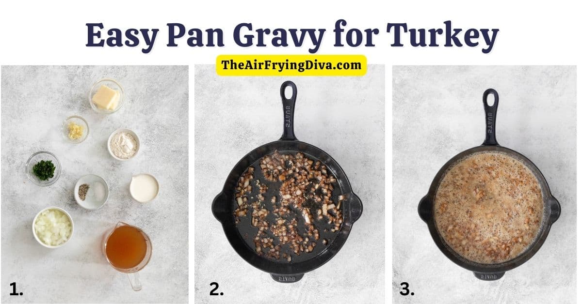 Easy Pan Gravy for Turkey, a simple recipe for creamy gravy made with chicken stock and turkey pan drippings.