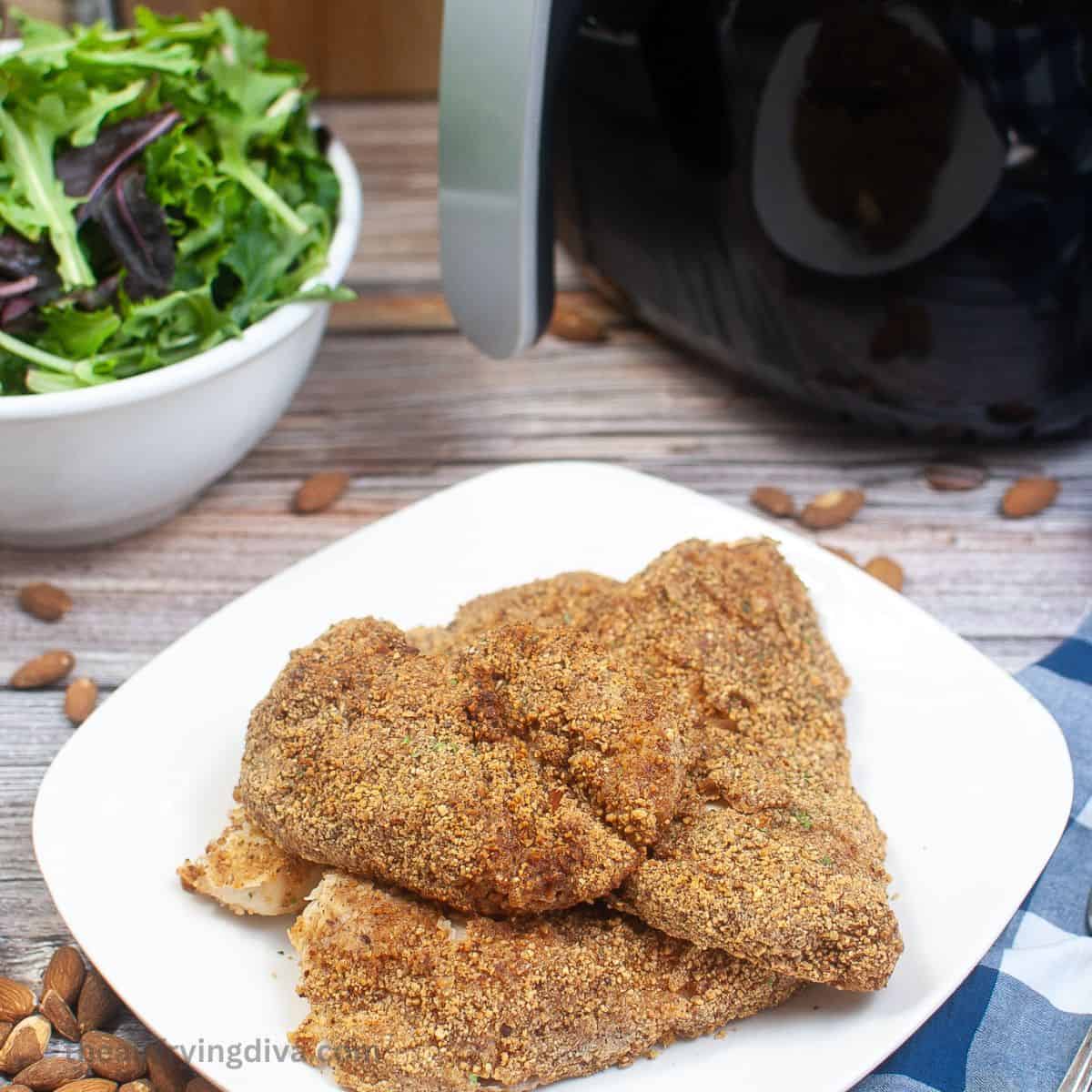 Air Fryer Almond Crusted Chicken  (just 5 ingredients), a delicious, quick, and easy dinner recipe made in about 20 minutes.