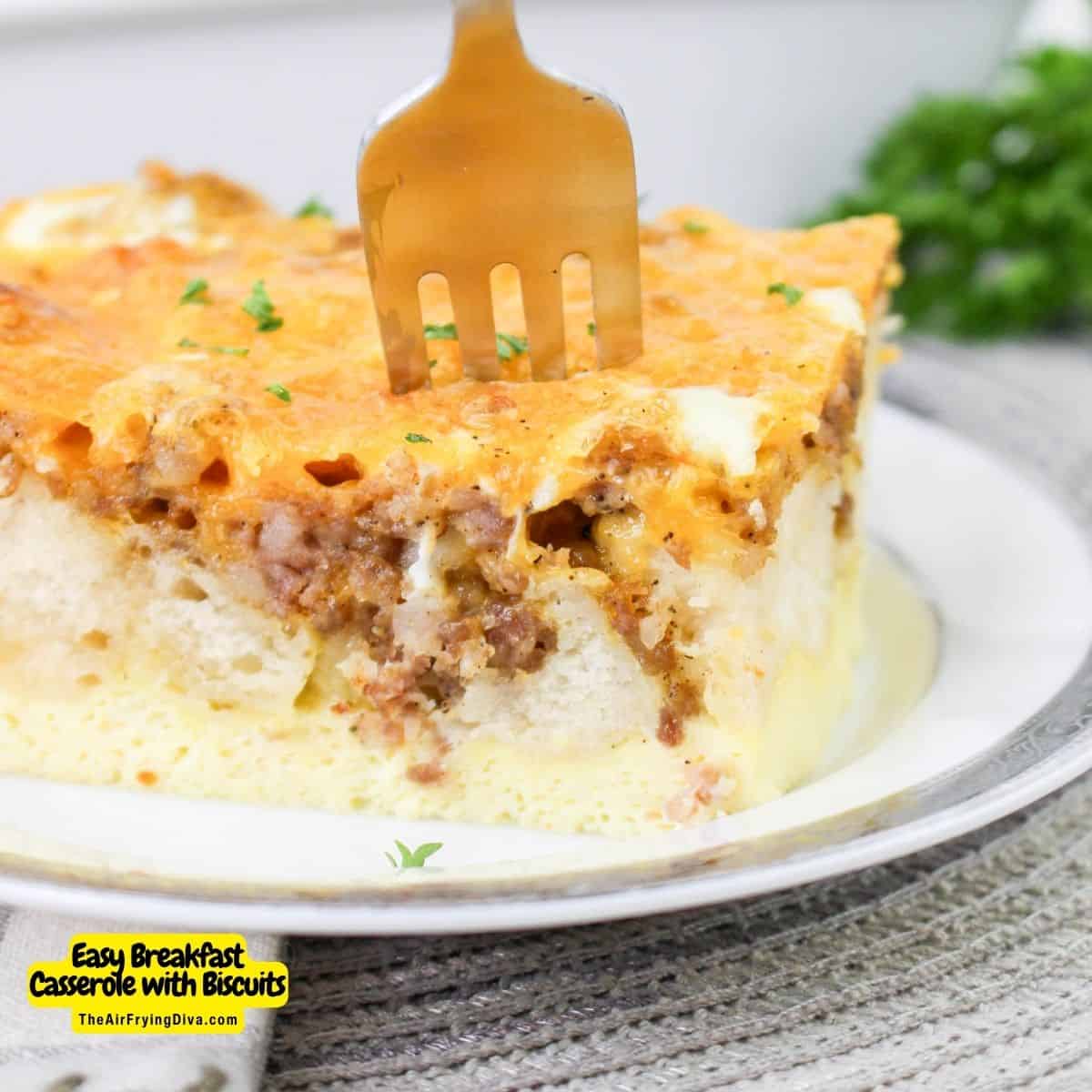 Easy Breakfast Casserole with Biscuits, a delicious and savory recipe made with eggs, sausage, and cheese. Perfect for brunch crowd.