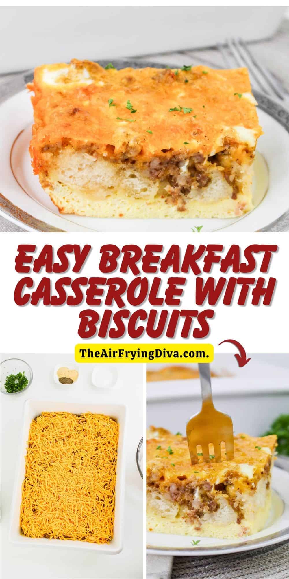 Easy Breakfast Casserole with Biscuits, a delicious and savory recipe made with eggs, sausage, and cheese. Perfect for brunch crowd.