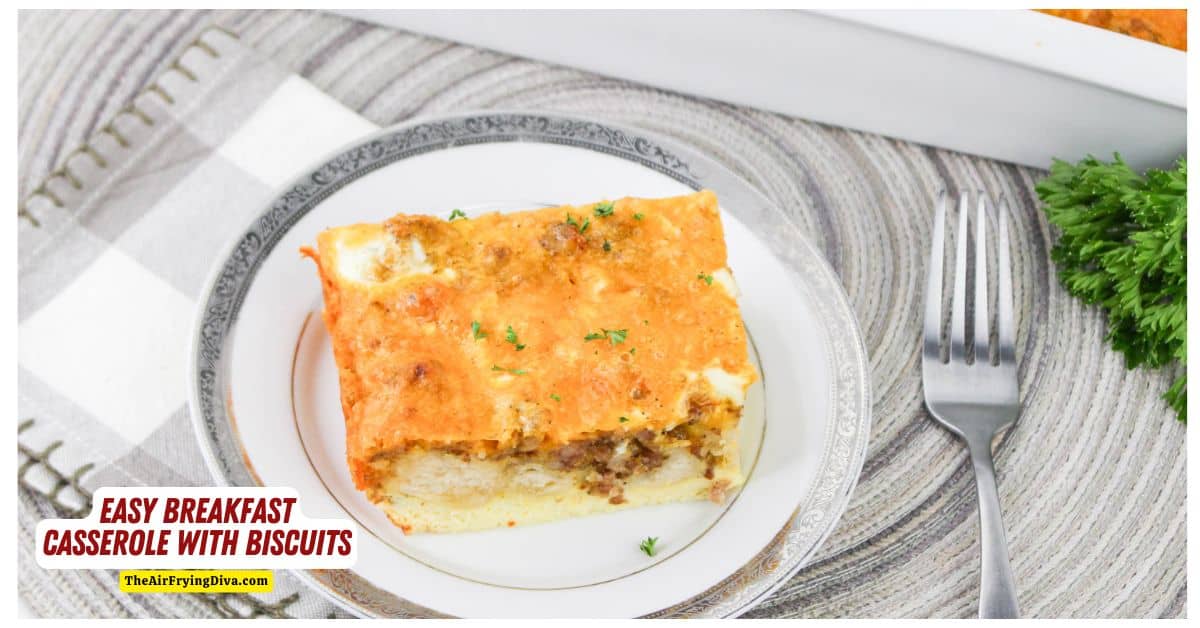 Easy Breakfast Casserole with Biscuits, a delicious and savory recipe made with eggs, sausage, and cheese. Perfect for brunch crowd.