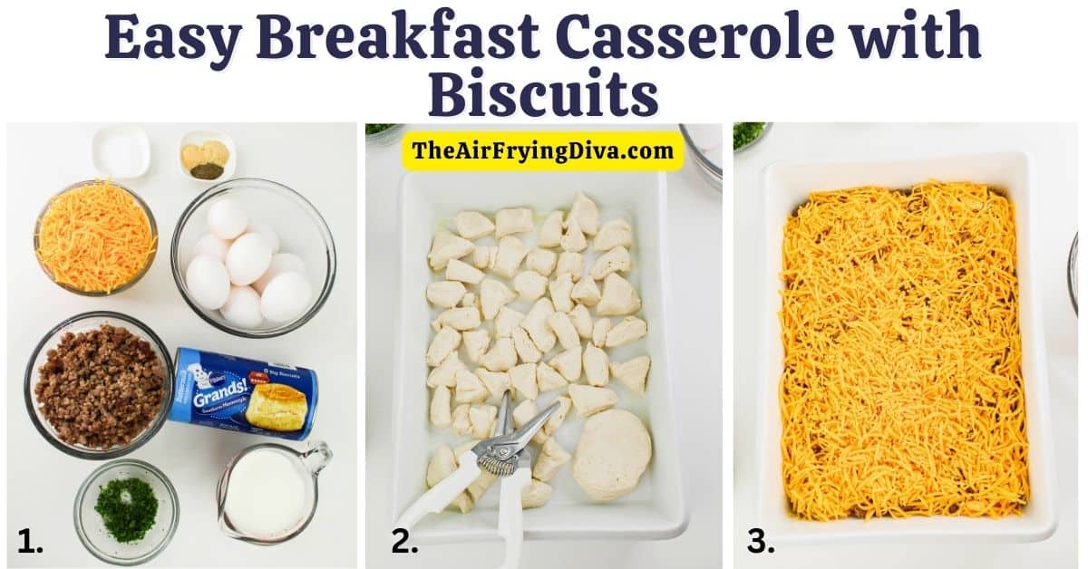 Easy Breakfast Casserole with Biscuits, a delicious and savory recipe made with eggs, sausage, and cheese. Perfect for brunch crowd.