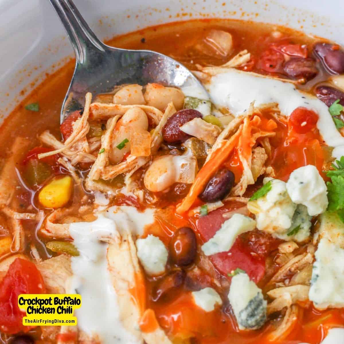 Crockpot Buffalo Chicken Chili, an easy and delicious made with beans and fire roasted tomatoes slow cooked to perfection.