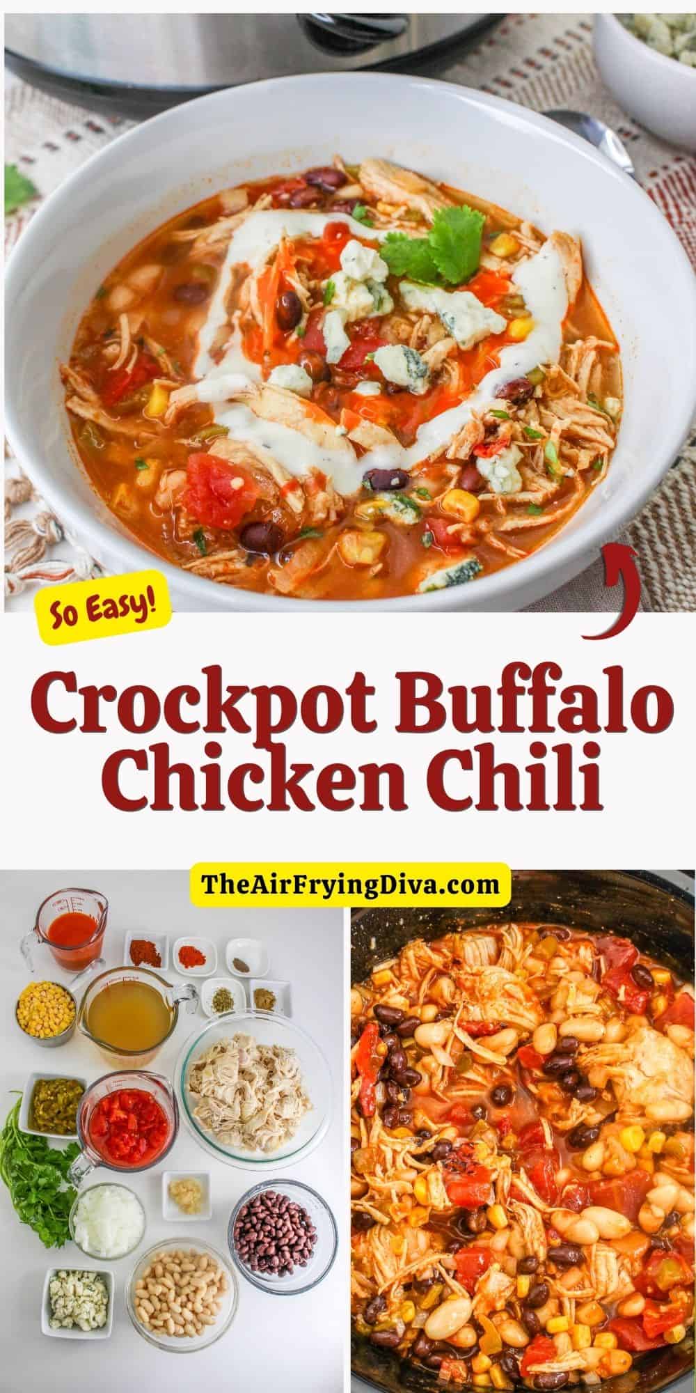 Crockpot Buffalo Chicken Chili, an easy and delicious made with beans and fire roasted tomatoes slow cooked to perfection.